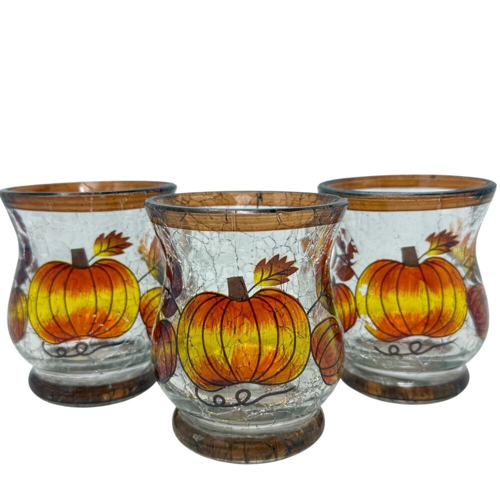 Set 3 Yankee Candle Pumpkin Fall Autumn Crackle Glass Votive Candle Holders‎